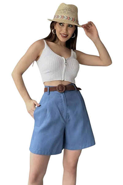 Genel Markalar Rahat Kesim Kemerli Mom Şort-Açik Mavi