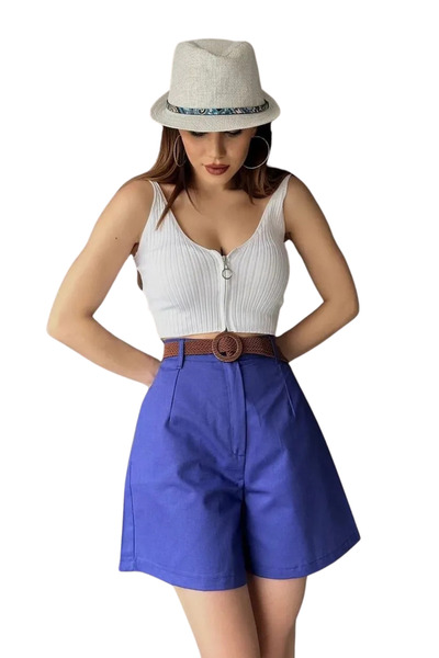 Budi Comfortable Fit Belted Mom Shorts - Blue