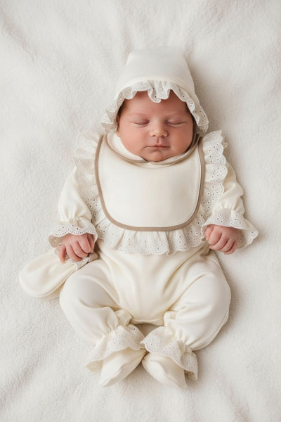 Şeker Tadında Tasarımlar Krem Dantelli Kız Bebek Hastane Çıkış Seti – 3 Parça %100 Pamuk