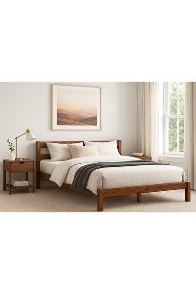 pinoxi Masif Ahşap Karyola 140cm X 190cm Doğal Ahşap Ceviz Renk