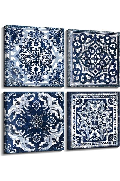 Generic Modern Canvas Wall Art - Floral & Abstract Design with Navy Frame, 35×35 cm, 4 Pieces - Mofutinpo