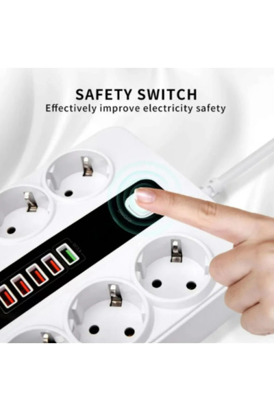 The Kaku 6 Lı PRİZ 6X Soket Termal Akım Korumalı Power Tuşlu 4x USB 2x Type-C Çıkışlı 2MT Kablolu Çoklu Priz