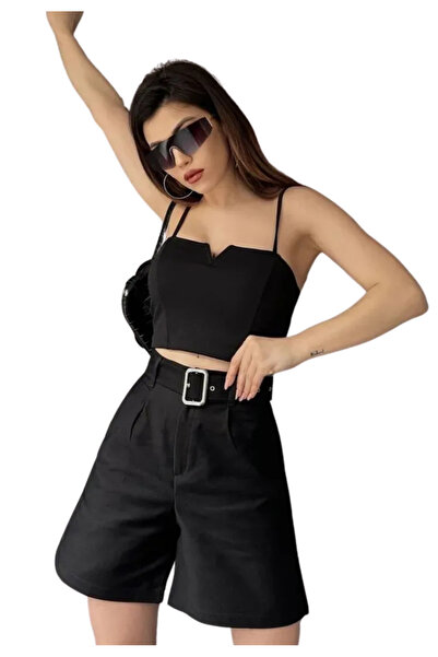 Genel Markalar Rahat Kesim Kemerli Şort -Siyah