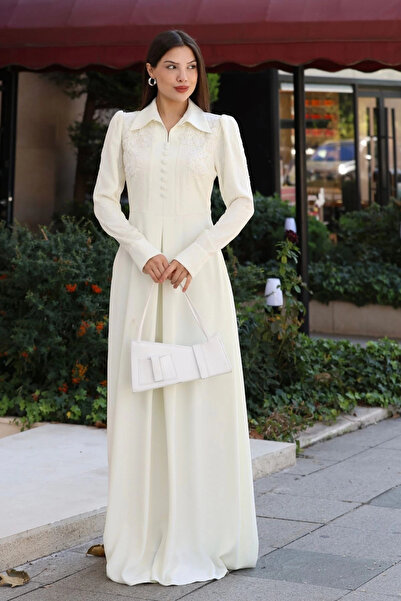 lodmela Shirt Collar Lace Embroidered and Covered Belt Evening Dress 2764-Ecru