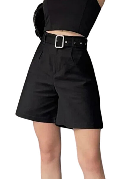 Genel Markalar Rahat Kesim Kemerli Şort -Siyah