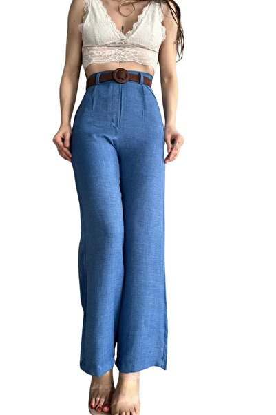 Ş&A BOUTIQE بنطلون كتان بحزام - أزرق