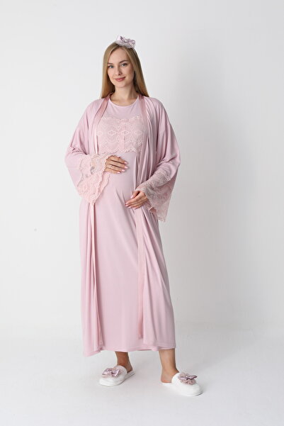 Lohusa Homewear Γυναικείο νυχτικό σε σχέδιο πούδρας, δαντελωτό, ολόσωμο, χειμ...