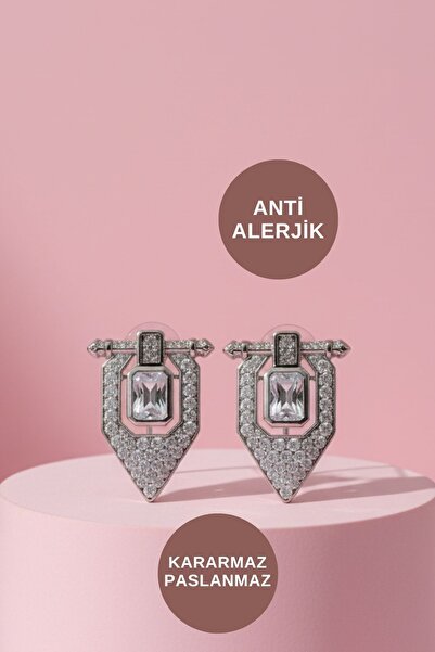 KAYOUBI Kadın Antialerjik Kararmaz Suya Dayanıklı Zirkon Taşlı Serenay Sarıkaya Silver Çelik Küpe Modelleri