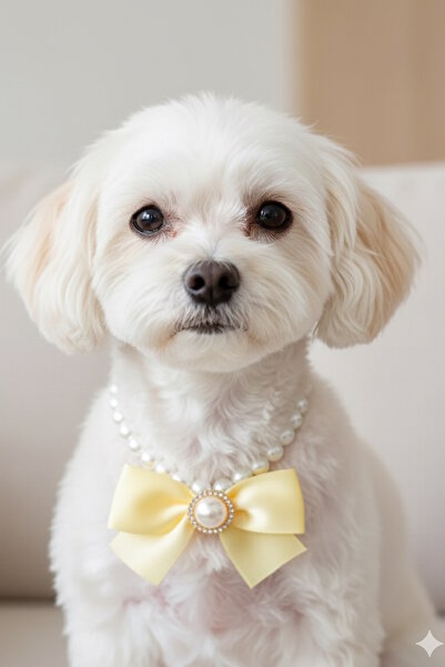 CAŞ DEKORASYON M Size Dog Collar with Yellow Color Ribbon and Pearl