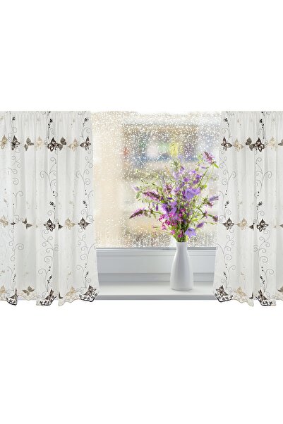 OEM Set of 2 kitchen curtains. 2X140x165 cm, butterflies, white/brown