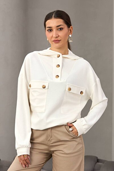 Butik Beyza Φούτερ από βαμβακερό ύφασμα βισκόζης με διπλή τσέπη με κουκούλα