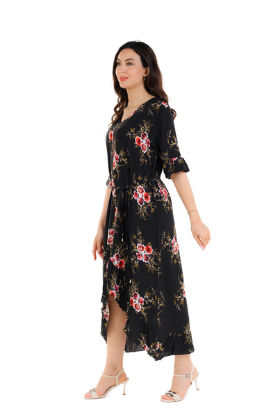 amaan Women's Floral Midi Jalabiya Dress, Rayon Cotton, V-Neck Bell Sleeves, daily and special occasion