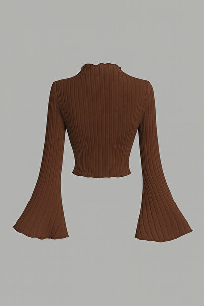 meren like your style Καφέ κοτλέ Πλεκτό Μπλούζα Μακρυμάνικο, Μανίκια με βολάν, ψηλός λαιμός Crop Top