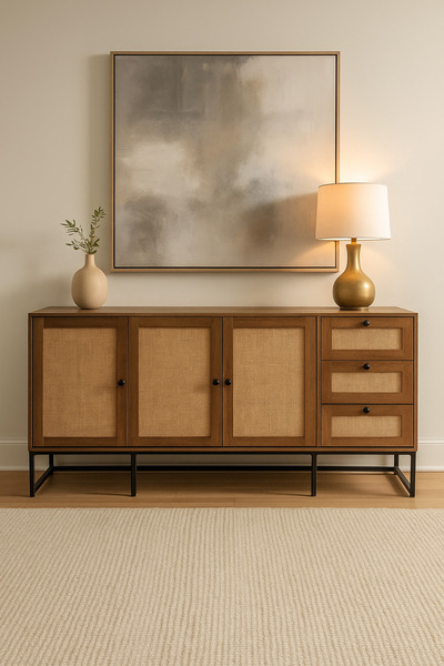 MARIA HOMES طاولة كونسول من خشب الجوز والرتان، مقاس 160×40×85 سم - خزانة تخزين خشبية حديثة بأربعة أبواب وثلاثة أدراج