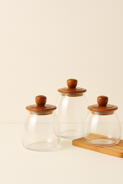 Mirilliahome 3'lü Akasya Kapaklı Cam Kavanoz Seti | Şık ve Doğal Mutfak Düzen...