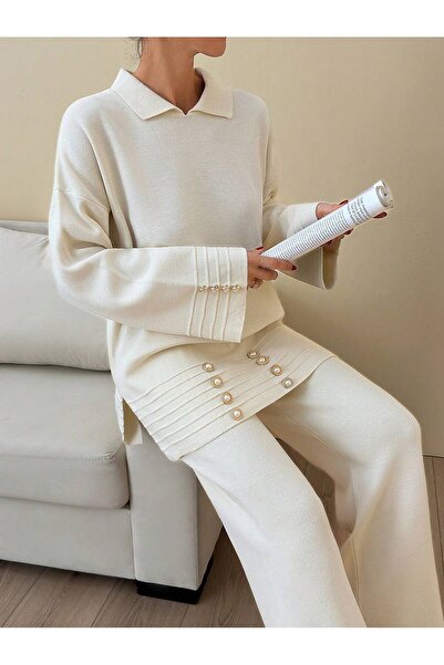 Cherry Butik Düğme Detaylı Şık Tunik Pantolon Triko Takım