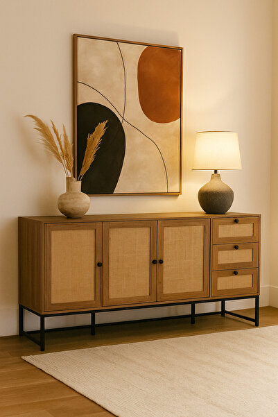 MARIA HOMES طاولة كونسول من خشب الجوز والرتان، مقاس 160×40×85 سم - خزانة تخزين خشبية حديثة بأربعة أبواب وثلاثة أدراج