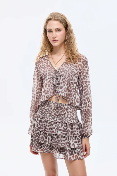 Veya Clothes Kadın Quzu Fırfıllı Katlı Leopar Mini etek