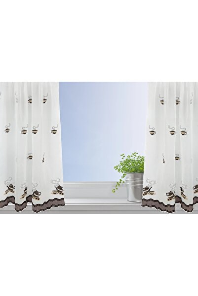 OEM Set of 2 kitchen curtains, 2x140x165 cm, with pleats, coffee cups, with border, white/brown