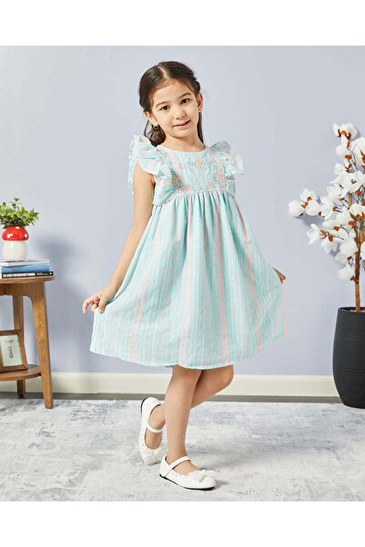 REDTAG Girls Mint Embroidered Frill Sleeve Dress