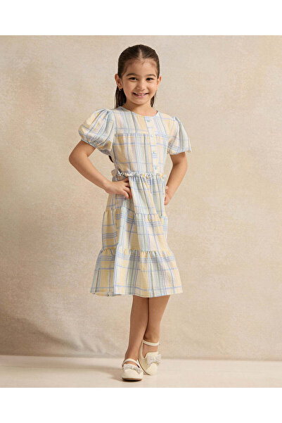 REDTAG Girls Blue And White Checkered Tired Dress