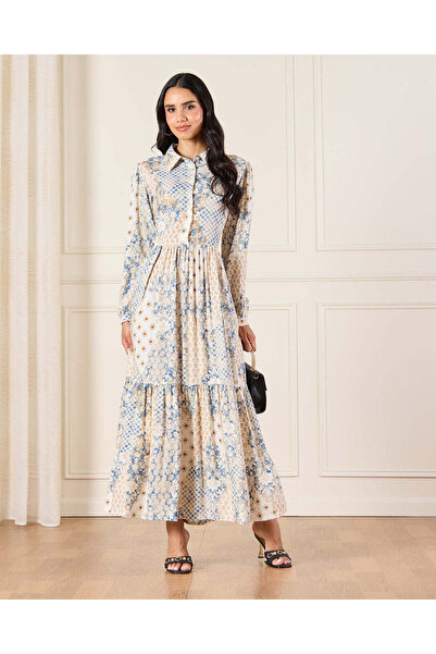 REDTAG Women Ivory Printed Button Down Tiered Maxi Dress