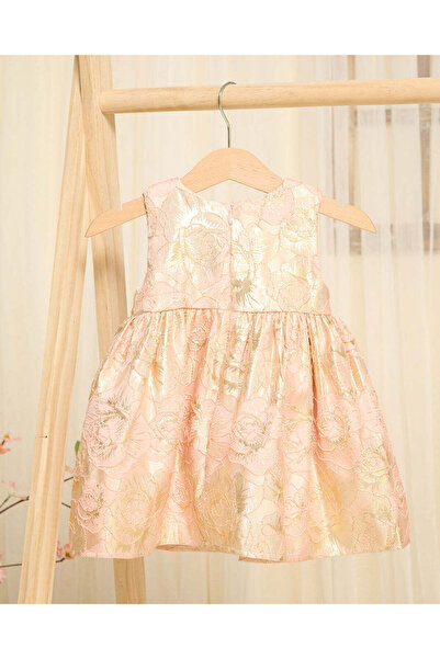 REDTAG Girls Pink And Gold Floral Jacquard Dress