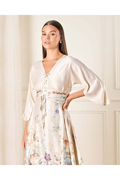 REDTAG Women Cream Printed Maxi Satin Dress