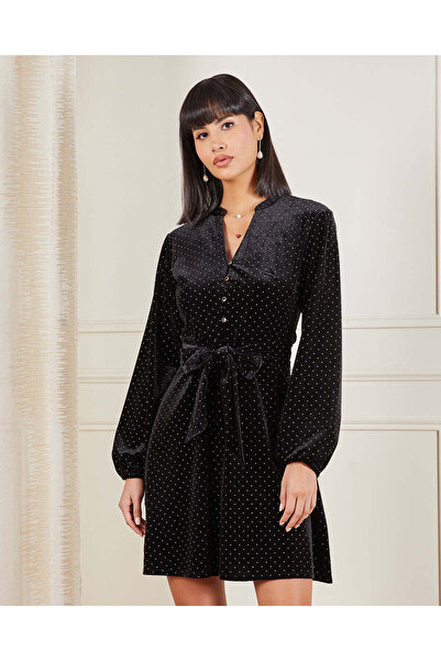 REDTAG Women Black Studded Belted Velour Dress