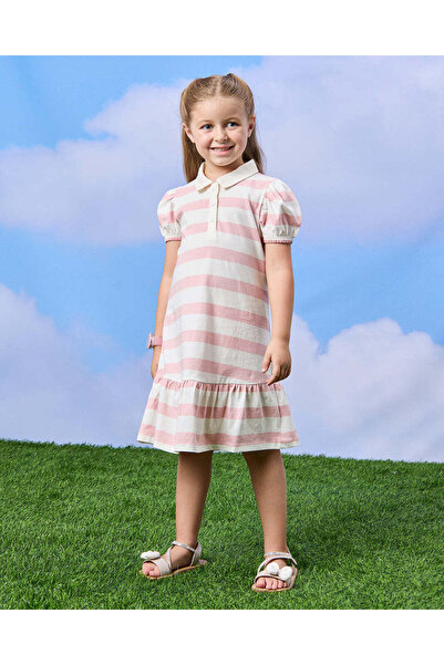 REDTAG Girls Pink Yarn Dyed Jersey Striped Polo Dress