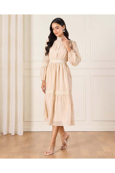 REDTAG Women Beige Lace Trim Detailed Belted Dress