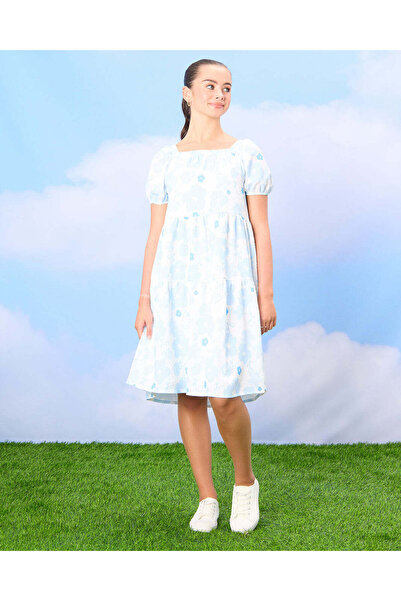 REDTAG Senior Girls Pink And White Floral Print Tiered Dress