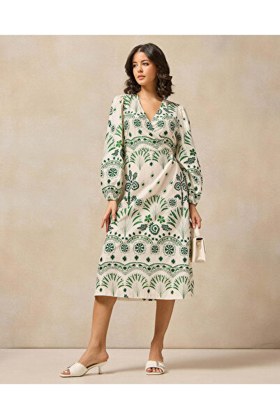 REDTAG فستان نسائي من القطن باللون الأخضر مطبوع برباط جانبي