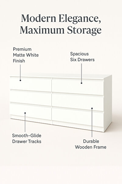 MARIA HOMES خزانة أدراج خشبية بيضاء مقاس 160×48×79 سم - خزانة ملابس عصرية بستة أدراج لغرفة النوم وغرفة المعيشة والمكتب