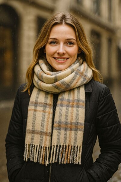 MARBERRY Beige Plaid Patterned Women's Scarf Shawl