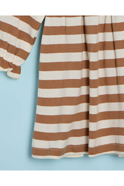 REDTAG Infant Girls Beige And Brown Striped Collared Dress