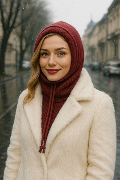 MARBERRY Burgundy Halter Neck Corded Fabric Lace-Up Knitwear Women's Beanie