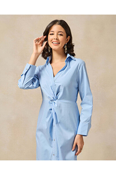 REDTAG Women Blue Front Twist Detailed Button Down Shirt Dress