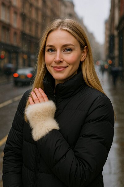 MARBERRY قفازات نسائية من الفرو الصناعي باللون البيج من الداخل وفرو قطيفة من الخارج