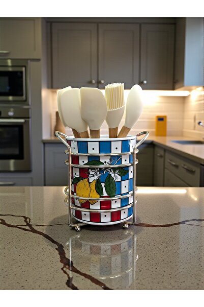 ferayhome Kitchen Accessory Ceramic Metal Spoon Rest Checkered Lemon Pattern Silver - Feray Home