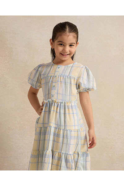 REDTAG Girls Blue And White Checkered Tired Dress