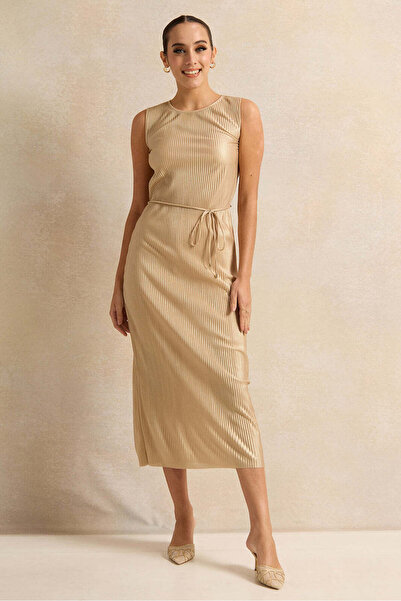 REDTAG Women Gold Textured Sleeveless Maxi Dress