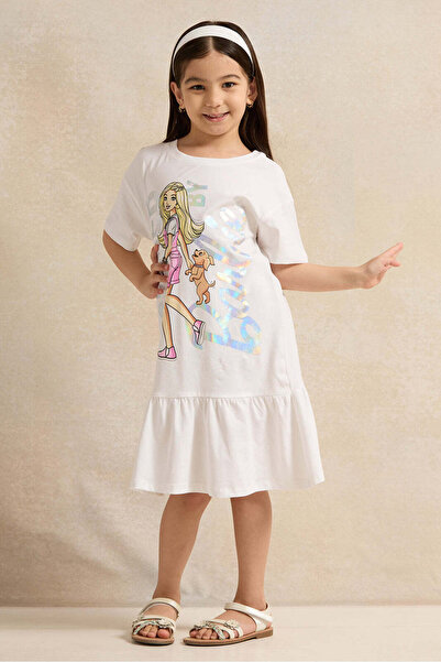 REDTAG Girls White Barbie Placement Print Dress