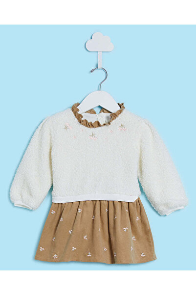 REDTAG Infant Girls Brown Cord Dress With Fleece Top