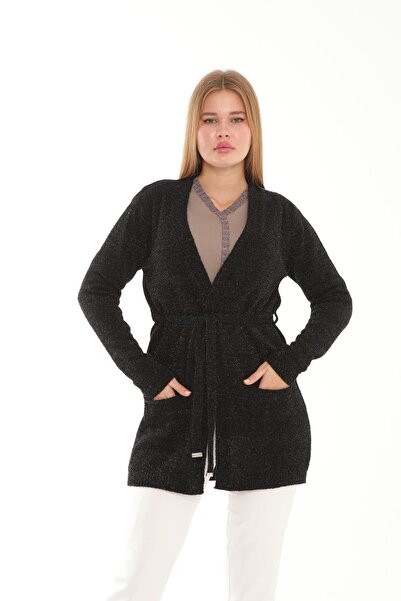 Lanze Glitter Belted Glitter Yarn Knit Cardigan