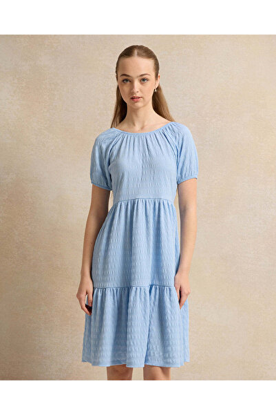 REDTAG Senior Girls Blue Tiered Jacquard Dress