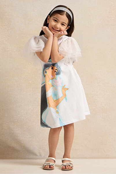 REDTAG Girls White Princess Jasmine Mesh Frill Sleeves Dress