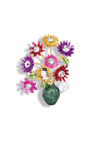 ESJ Vazoda Buket Çiçek Kadın Broş Ebat: 4*5,5 cm