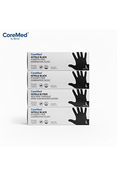 Eldivenx CoreMed Nitril Siyah Eldiven Pudrasız Tek Kullanımlık Muayene ve Koruyucu Eldiven (100 Adet)4 KUTU