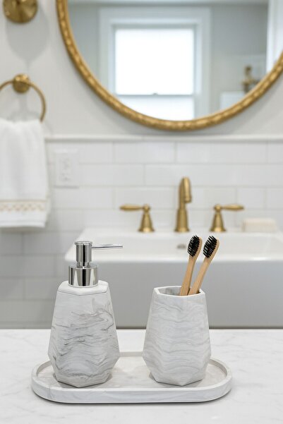 Elizovi طقم حمام فاخر من 3 قطع بملمس رخامي |   موزع صابون سائل، حامل فرشاة وص...